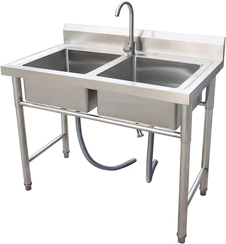 Miniatura 2 de DuyviSteil - Fregadero multifunción de acero inoxidable para cocina comercial y al aire libre, fregadero doble o uso en restaurante (40 x 24 x 32