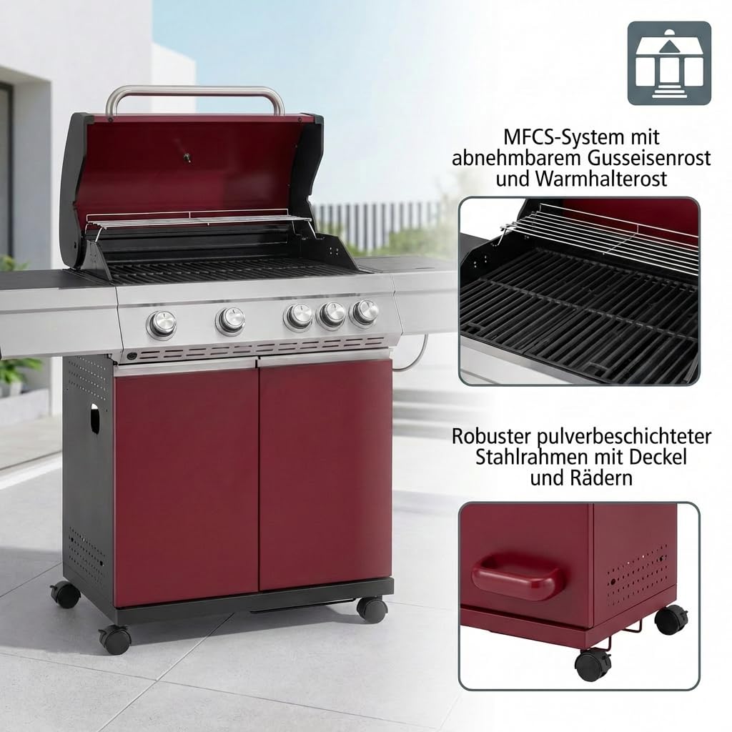Tarrington House Gasgrill 4-Hauptbrenner und Seitenbrenner Gasgrill Paxton, Grillfläche 41 x 71 cm, Ablagetisch, fahrbar, Stahl, rot