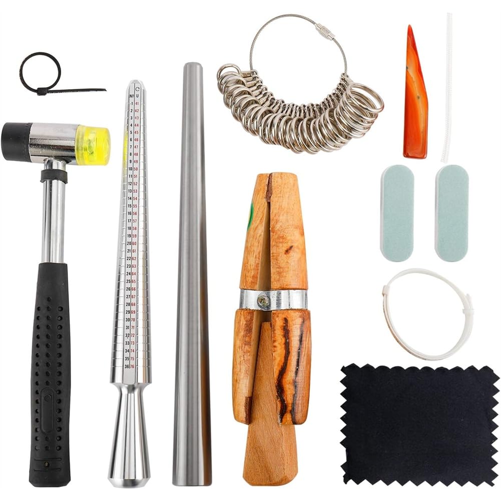 IJSDNVJNDX Ring Sizer Measuring Tool Kit- 12 Pcs Ring Mandrels, Rubber Hammer, Plastic Gauge, Wood Clamp