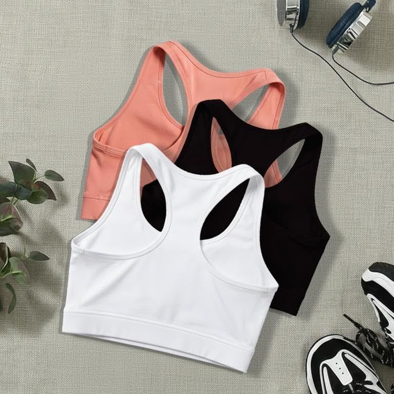 Image of BOLD & BEAUTY Women Cotton Blend Sports Bra with U-Neck, Racerback Style and Regular Straps for Workout, Yoga & Training (Pack of 3)