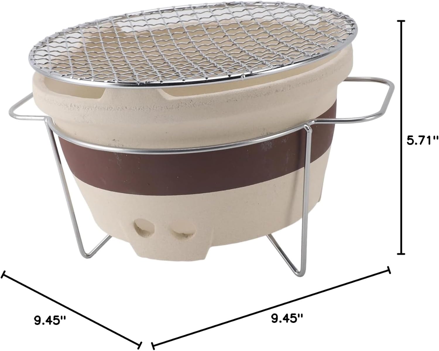 Diagram showing the dimensions of the Yakitori Grill: 9.45 inches length, 9.45 inches width, and 5.71 inches height.