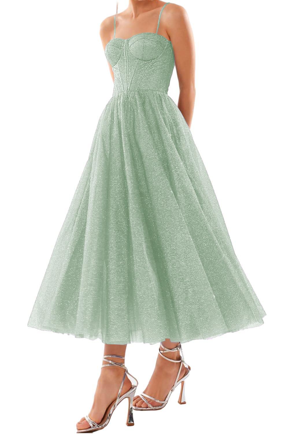 Cudiew Glitter Tulle Prom Dress Tea Length for Women A Line Sparkly Formal Evening Party Gowns