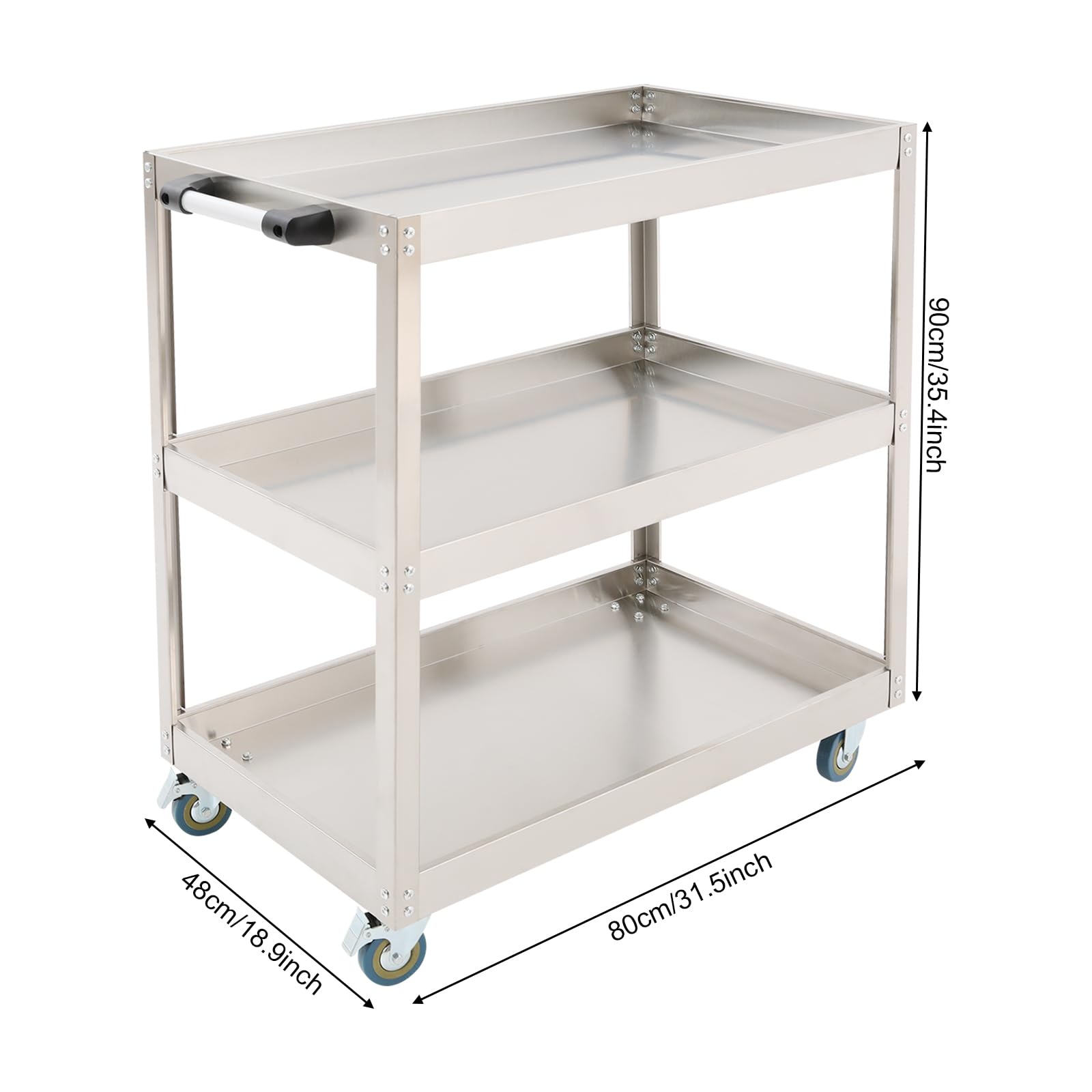 Carrello da portata in acciaio inox, portatile, con 3 partizioni e 4 ruote, carrello da cucina per ristoranti, cucine e cantieri, portata: 150 – 200 kg, 80 x 48 x 90 cm