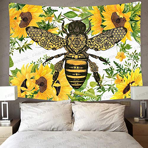 F-Fun Soul Hippie Bee Tapestry, Large 80X60Inches Soft Flannel, Sunflower Watercolor Art Tapestries Wall Hanging For Children Bedroom Living Room Decor Party Banner Gtzyfs238 #TOP2