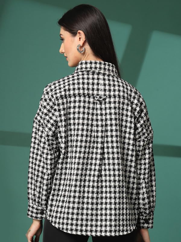Image of CHKOKKO Tweed Women Oversized Winter Shacket Stylish Standard Length Coat Plaid Jacket Shirt