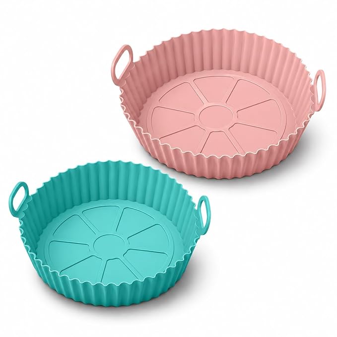 Xacton Air Fryer Silicone Liners, 8 Inch Round Reusable Non Stick Basket with Handles, Heat Resistant Baking Tray Inserts, Air Fryer Accessories, Oven Cooking Accessories,Pack of 2, Multicolor