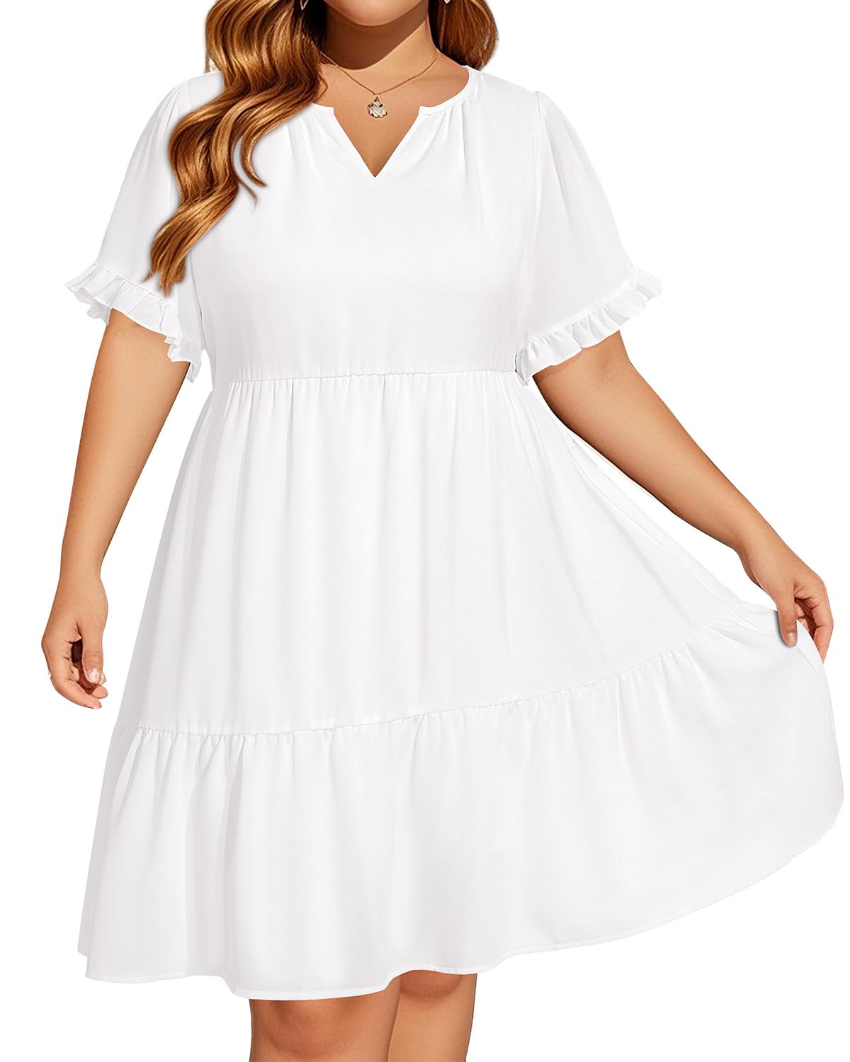 Pinup Fashion Plus Size Summer Babydoll Tiered Casual V-Neck Short Dress