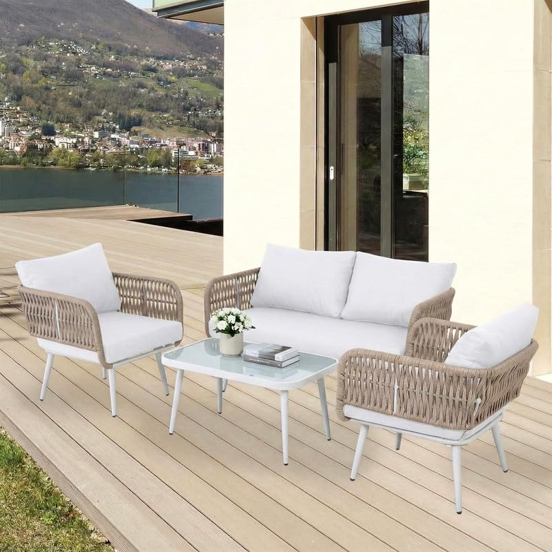 Image of OUTLIVING Outdoor Sofa Set || Balcony Sofa || Patio Furniture Sets | Conversation Sets | Braid & Rope Garden Seater Sofa Set and Center Table (4 Seater Beige-White)