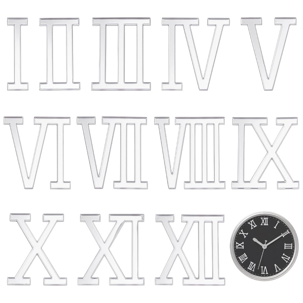 BENECREAT Set di 12 Numeri Romani in Acrilico per La Realizzazione di Orologi Da Parete Fai Da Te, Kit di Numeri Da 40 mm per Decorazioni Domestiche e Progetti Artigianali, Argento