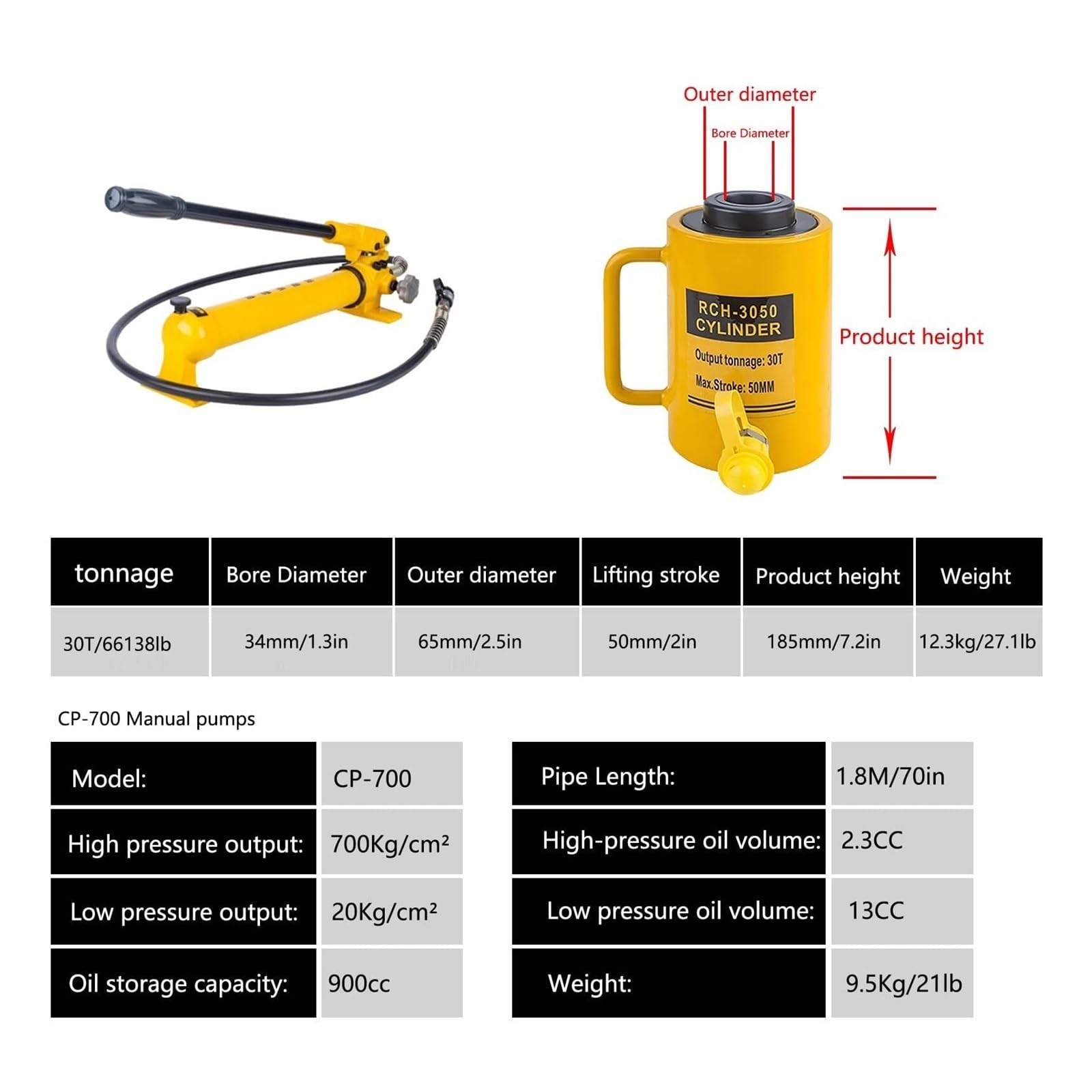 Podnośnik hydrauliczny CP-700 z pompą ręczną, wydrążony siłownik hydrauliczny o prostym działaniu, zdolny do pchania i ciągnięcia (30T-2in Stroke + CP-700 Hand Pump)