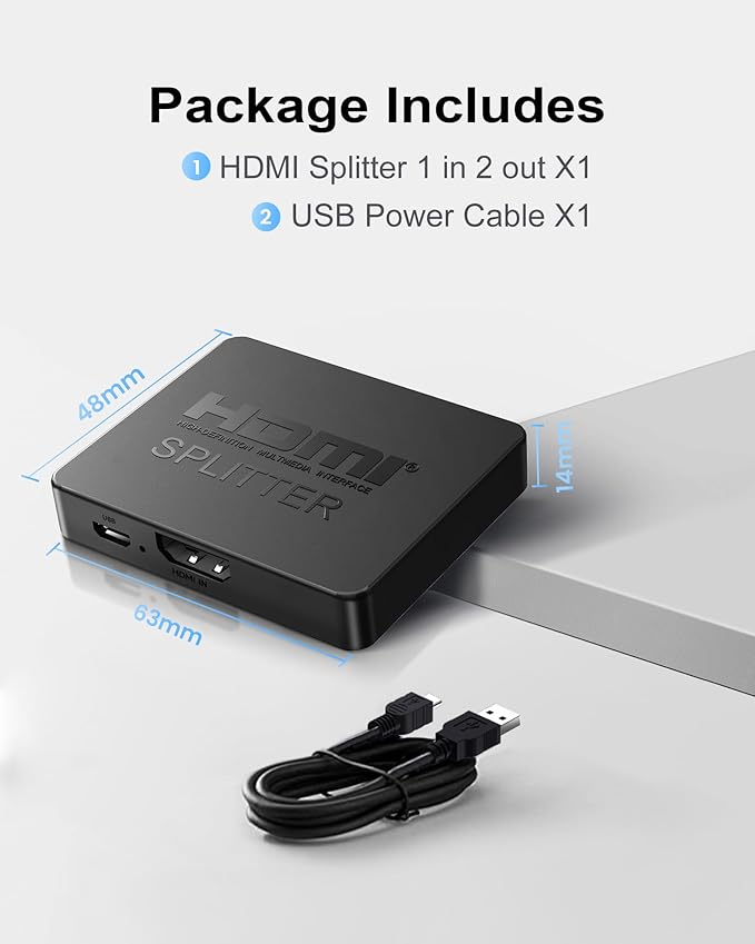 NEWCARE HDMI Splitter 1 in 2 Out, 2-Way Mirroring Only for Dual Monitors, 4K HDCP 1.2 Compatible, Plug & Play for HDTV/Blu-ray/DVD/Fire Stick, USB Powered (Not Extendable, Screen Duplication Only)