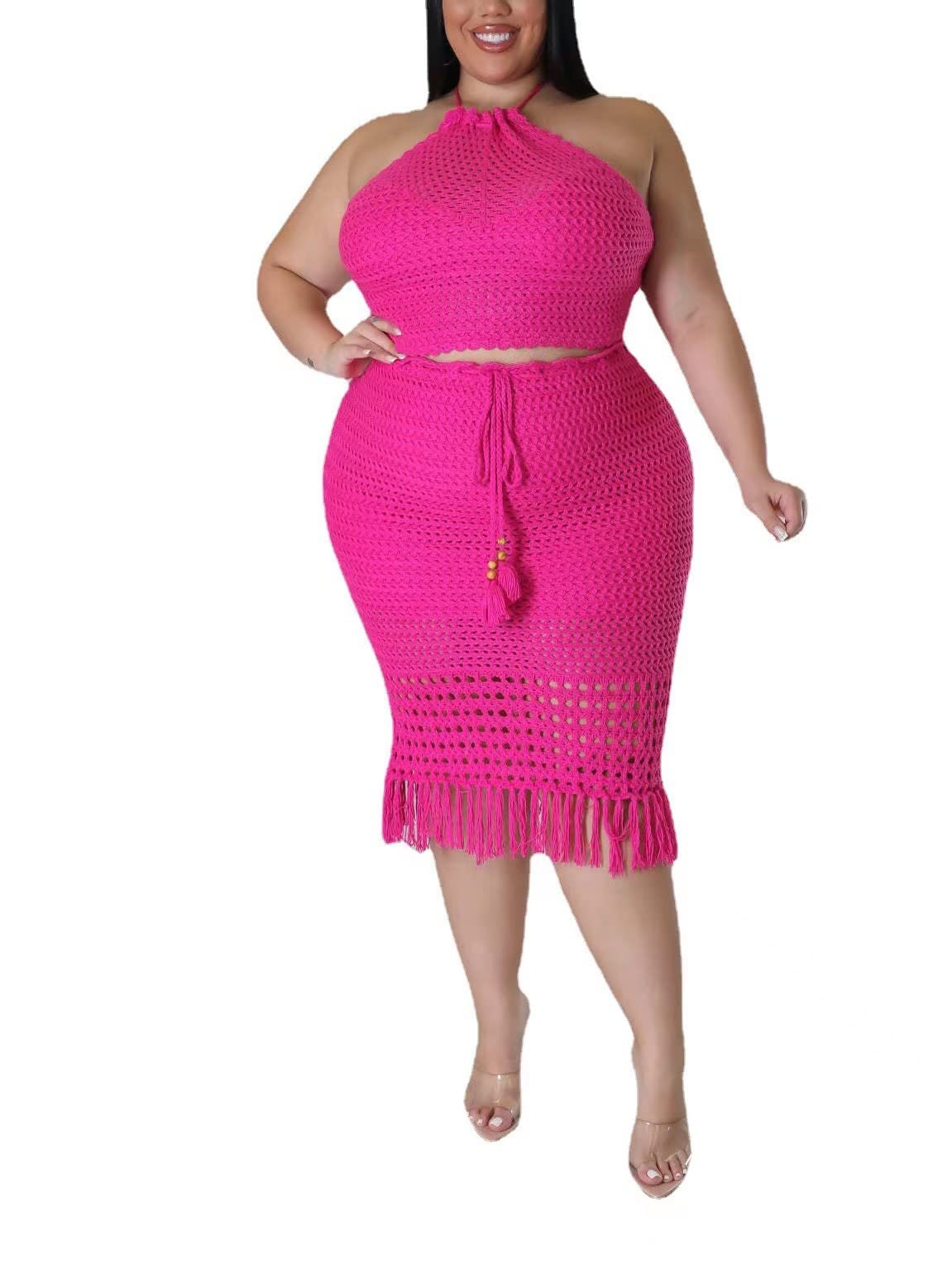 Women Plus Two-Piece Skirt Set Tassel Fishing Net Knittin Hollow Out Off Shoulder Beach Dresses Swimsuit Cover Ups