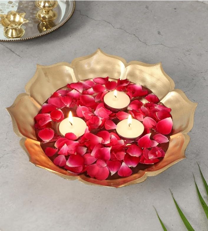 10 Inches Flower Shaped Metal Decorative Urli Bowl, Bowl for Candle Flowers, Housewarming Gifts, Home Decor Gift Items, Bowl for Flower Decoration, Golden, (Pack of 1)-image-20