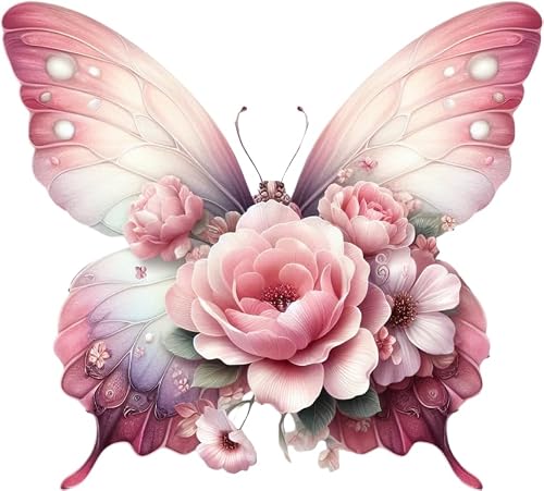 Image of Pink Butterfly Flower Vinyl Decal Stickers, Cover Marks, [Qty:4] 1@ 20cm Tall Ideal for Toilets, Car, Wall or Laptop. 3@ 7cm for Phone & Cups, Vibrant Floral Butterflies Graphic (Half Pink)