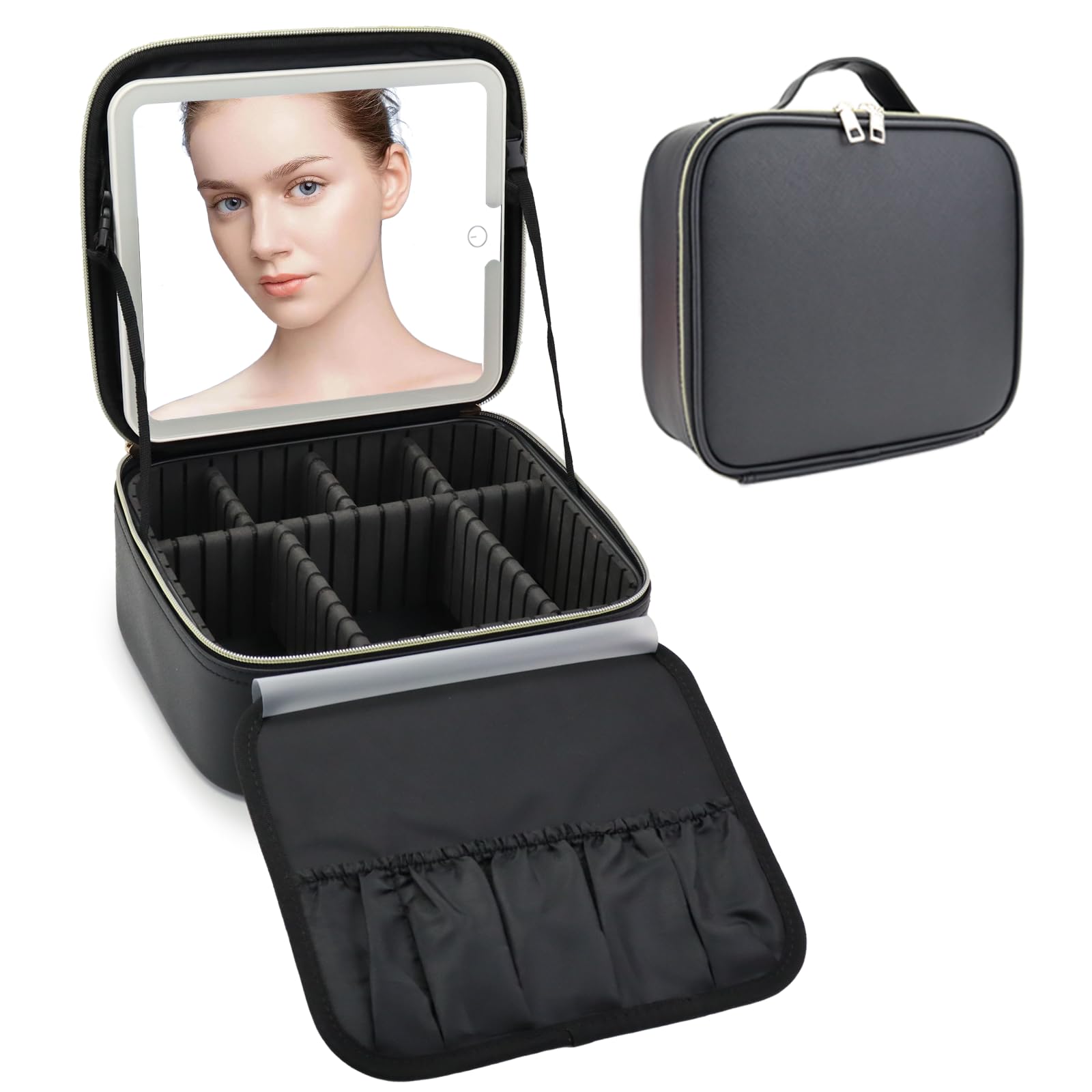 Make-up-Tasche mit LED-Spiegel, Reise-Make-up-Organizer mit 3 beleuchteten Einstellungen, verstellbaren Trennwänden und Make-up-Pinsel-Aufbewahrung, Schwarz, Die große Reise-Make-up-Tasche mit