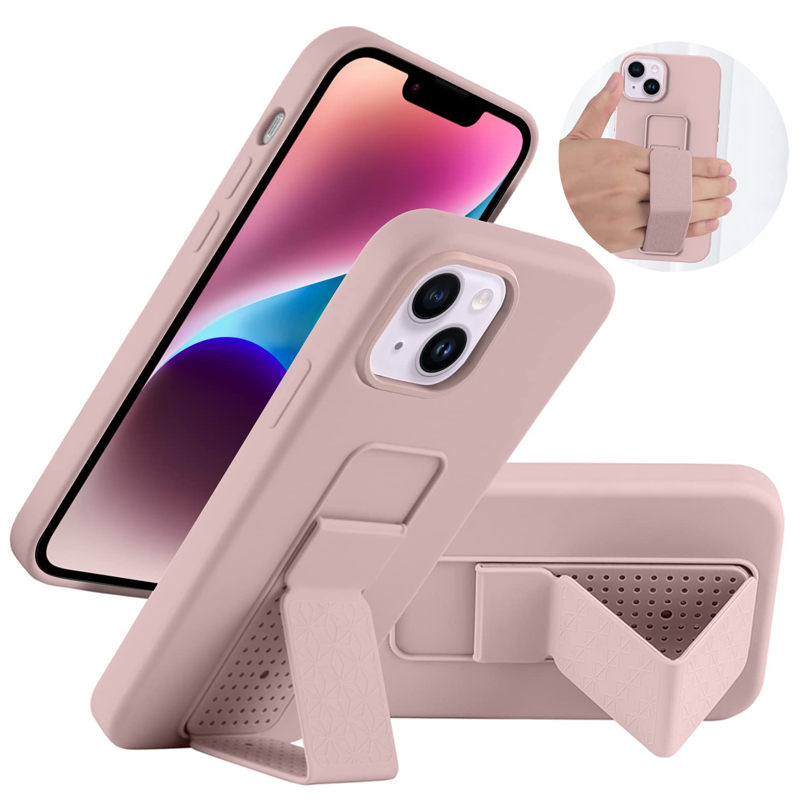 LAUDTEC Silicone Kickstand Case Compatible with iPhone 14, Vertical and Horizontal Stand Hand Strap Metal Kickstand Cover, Flexible Soft Liquid