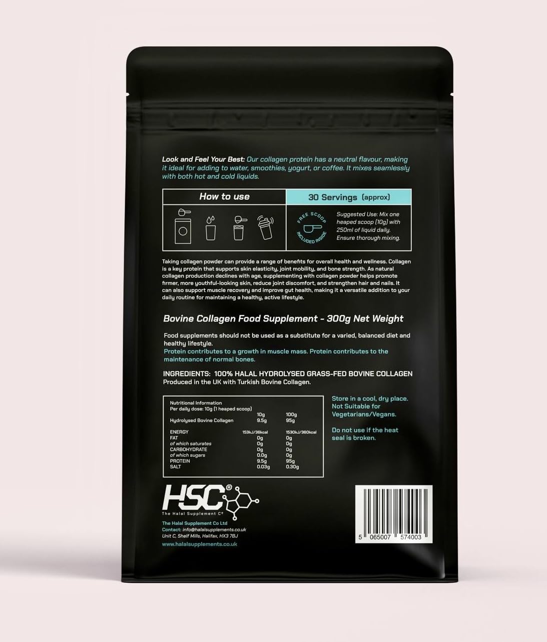 Poudre de peptides de collagène bovin halal 300g pour cheveux, peau, ongles, articulations et muscles – Collagène bovin hydrolysé 100% halal nourri à l'herbe (type I et III