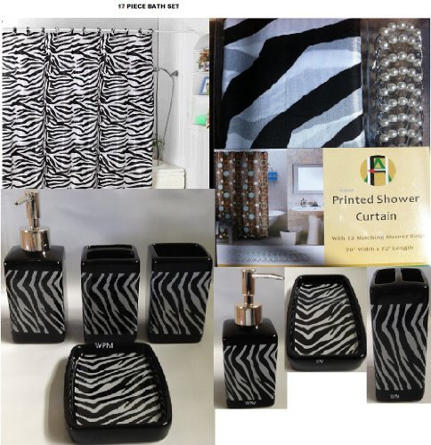 17 Piece Bath Accessory Set- Black Zebra Shower Curtain with Decorative Rings + Bathroom Accessories Set