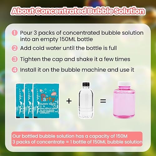 Miniatura 5 de Máquina de burbujas para niños, pistola automática de burbujas con luces, paquete de 20 soluciones de burbujas, fabricante de burbujas recargable