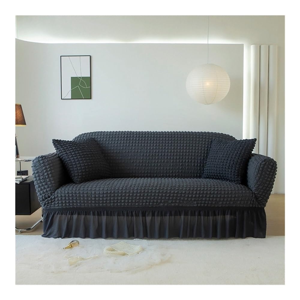 Housse de canapé 3 places gris foncé extensible avec volants pour salon rustique