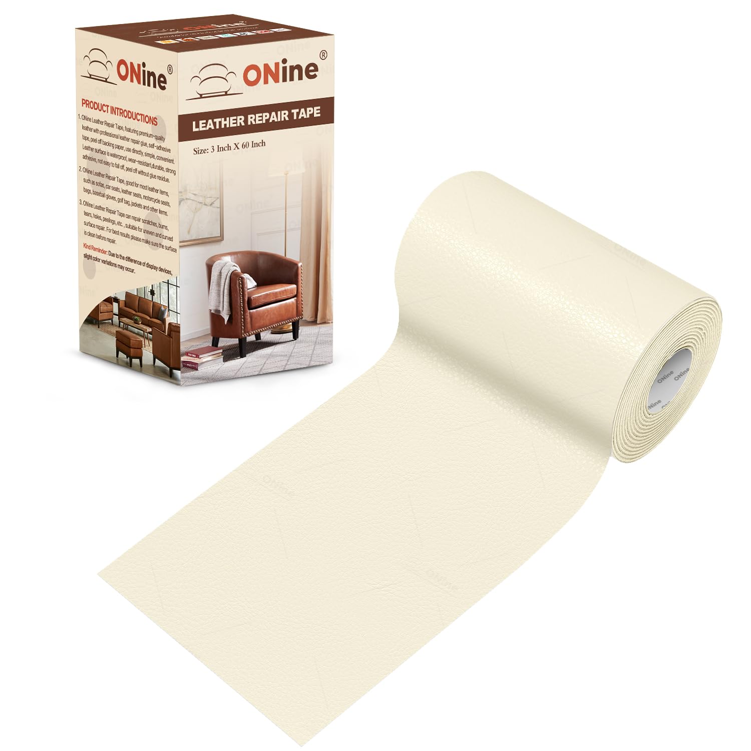 ONine Leather Repair Patch，Leather Repair Tape, 3 x 60 inches Leather Repair Patch for Furniture,Vinyl Repair Kit，Leather Couch Patch，for Sofas, Furniture, Car Seats, Office Chairs(Rice White)