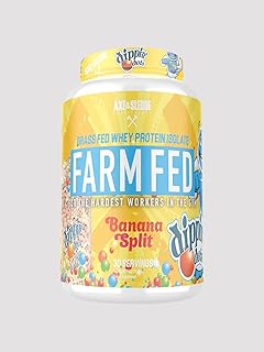 Axe & Sledge Farm Fed - Grass Fed Whey Protein Isolate, 22 Grams of Protein, Digestive Enzyme Blend, Naturally Occurring EAAs & BCAAs, 30 Servings, 840g (Dippin' Dots Banana Split Ice Cream)