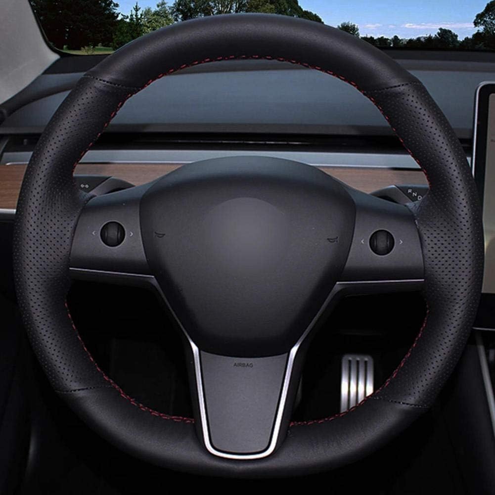 Fit for Tesla Model 3 2015-2020, Hand Sewn Steering Wheel Cover, Black Leather Non-Slip Steering Wheel Cover