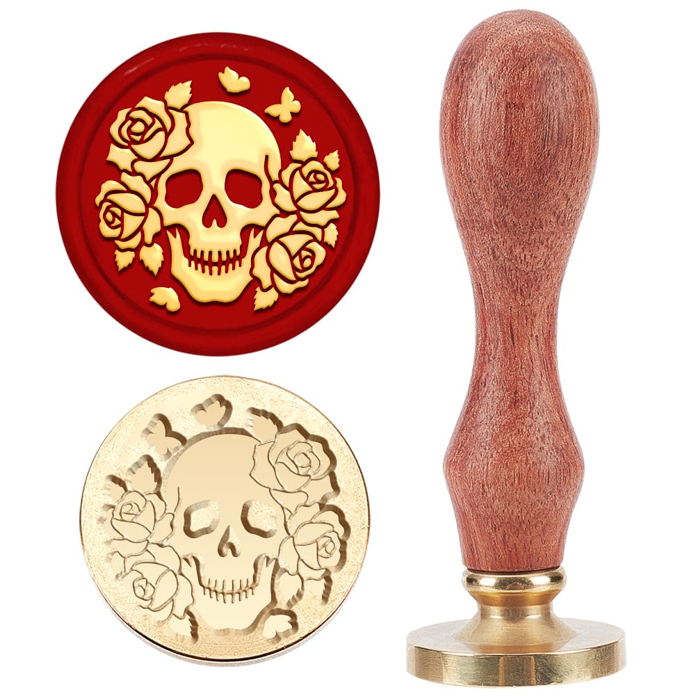 MAYJOYDIY Skull Rose Butterfly Wax Seal Stamp, 25mm, Halloween Star Magic Sealing Wax Stamps Removable Skeleton Theme Brass Head Wooden Handle for Envelopes Cards Invitation Gift Packing