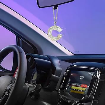 C Shape Bling Crystal Pendant Car Accessories for Women, Hanging Cute Rhinestone Rear View Mirror Accessories, Charm Interior Car Decorations for Girls, Wife, Valentine's Day, Christmas - Rainbow C