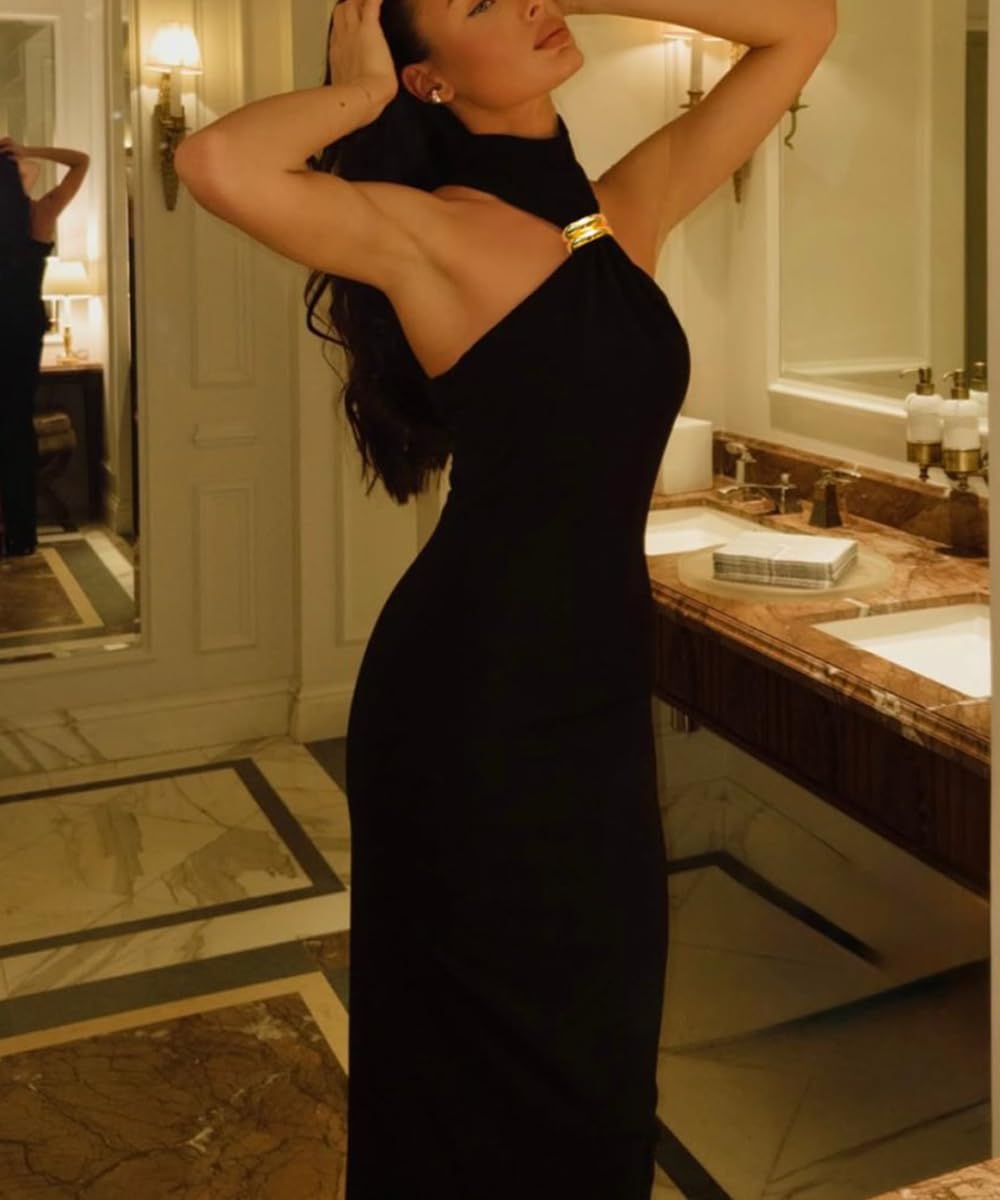 Vestido ajustado de cuello alto para mujer, casual, sin mangas, abertura en la espalda, elegante, para fiesta, cóctel, maxi vestido formal