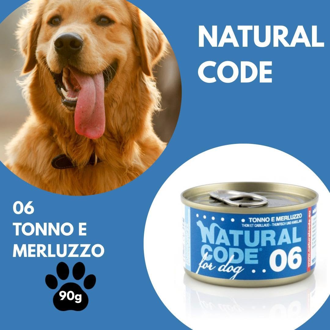 Natural Code - Comida húmeda para perro número 06, sabor atún y bacalao, alimento completo en desfiles para perros adultos de todas las tallas y razas, en lata, 12 latas de 90 gramos cada una, 12 x 90