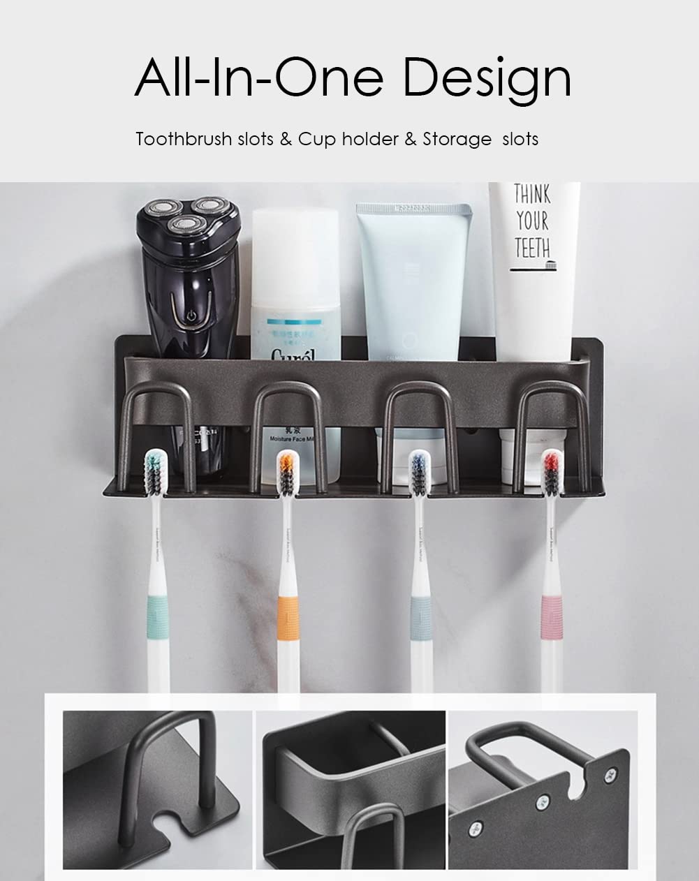 3 stuks tandenborstelhouders, tandenborstelbekerhouder zonder boren van aluminium, houder elektrische tandenborstel, tandenborstelhouder, voor badkamer, spiegel, douche, tandenborstelhaak (zwart