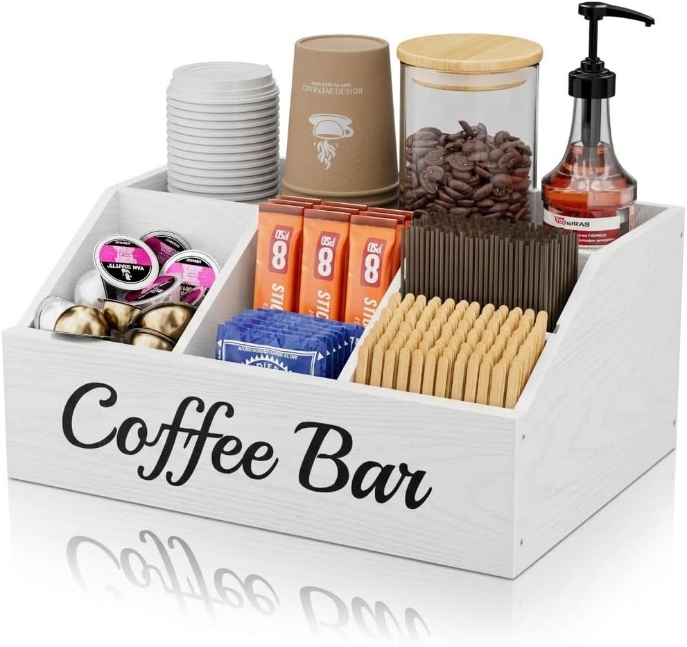 Coffee Station Organizer for Countertop – Wooden Coffee Bar Organizer with Adjustable Dividers,Holds K Cup Pod & syrup bottles, for Kitchen, Office, or Bar and Tea Station, Brown