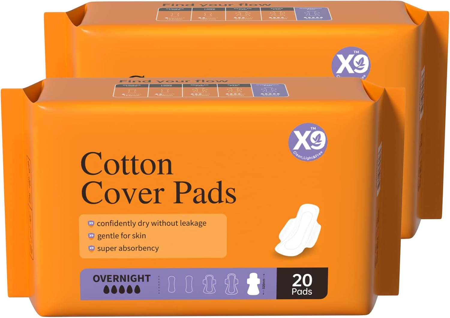 Cotton Cover Period Pads, Overnight Absorbency Pads for Women with Wings, 40 Count (2 Packs of 20)