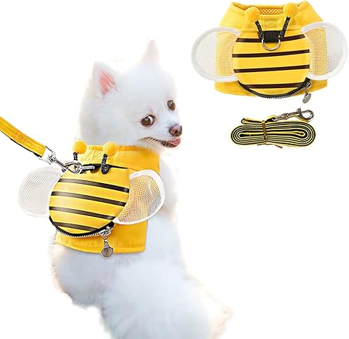 MERCRI Juego de arnés y correa para perros pequeños en forma de abeja, chaleco amarillo para caminar con bolsa de aperitivos, bonito chaleco arnés