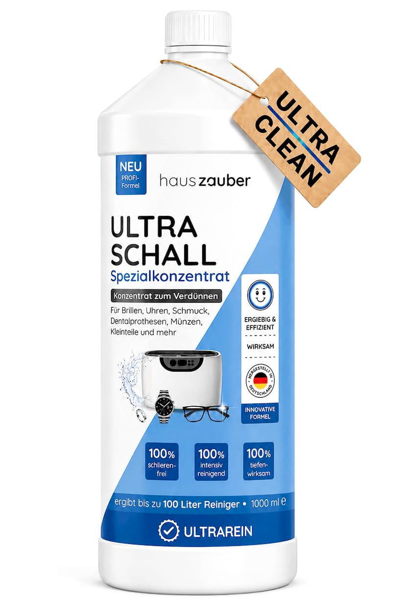 hauszauber - Ultraschallreiniger Konzentrat [EXTRA ERGIEBIG] 1000 ml - Reinigt Brillen, Schmuck, Zahnersatz, Münzen, Kleinteile etc. - Für Ultraschallgeräte & Ultraschallbad