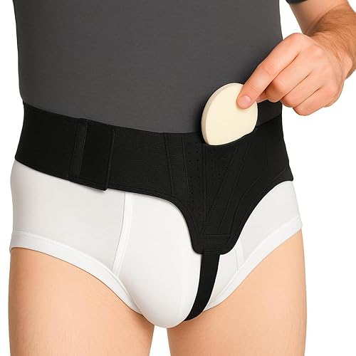 Miniatura 2 de Braguero de hernia inguinal del lado izquierdo, cinturón negro de soporte poscirugía con correa ajustable y almohadilla de compresión, alivio de la