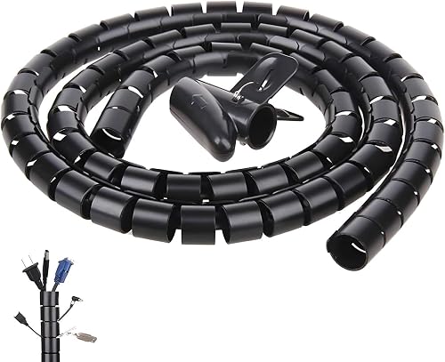 Spiral Cable Wrap, Flexible Cord Organiser Sleeve with Wire Clamp Tool, Black, 5M, for Home and Office