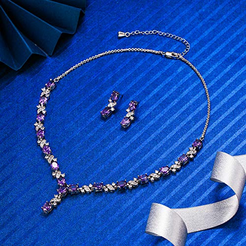 EleQueen Women's Silver-tone Cubic Zirconia Oval Shape Leaf Necklace Earrings Set For Brides And Weddings Amethyst Color