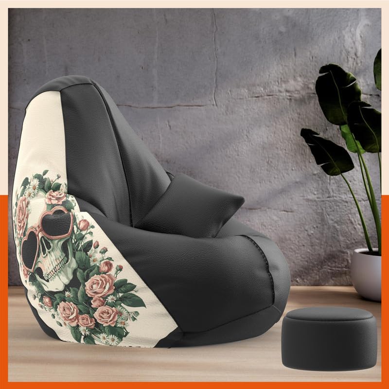 with Beans Filled 4XL VibeBoost Premium Bean Bag with Free Cushion and Footrest - Official : Neon Fusion Combo (Matching Color : Regular, Rose Skull-Black)-image-25