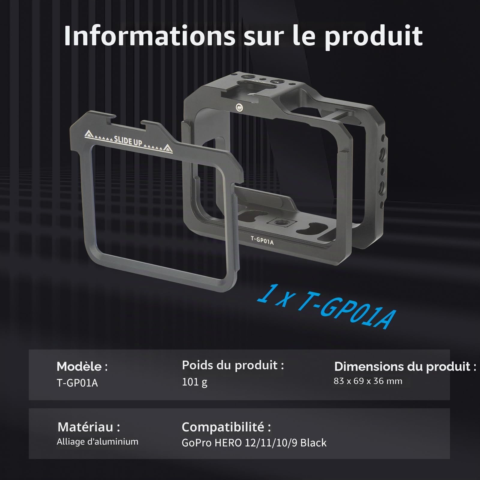 Nitze Camera Cage en Alliage d'Aluminium pour GoPro Hero 13/12/11/10/9 avec 2 Cold Shoe, Plusieurs Trous Filetés pour Lumière LED - T-GP01A