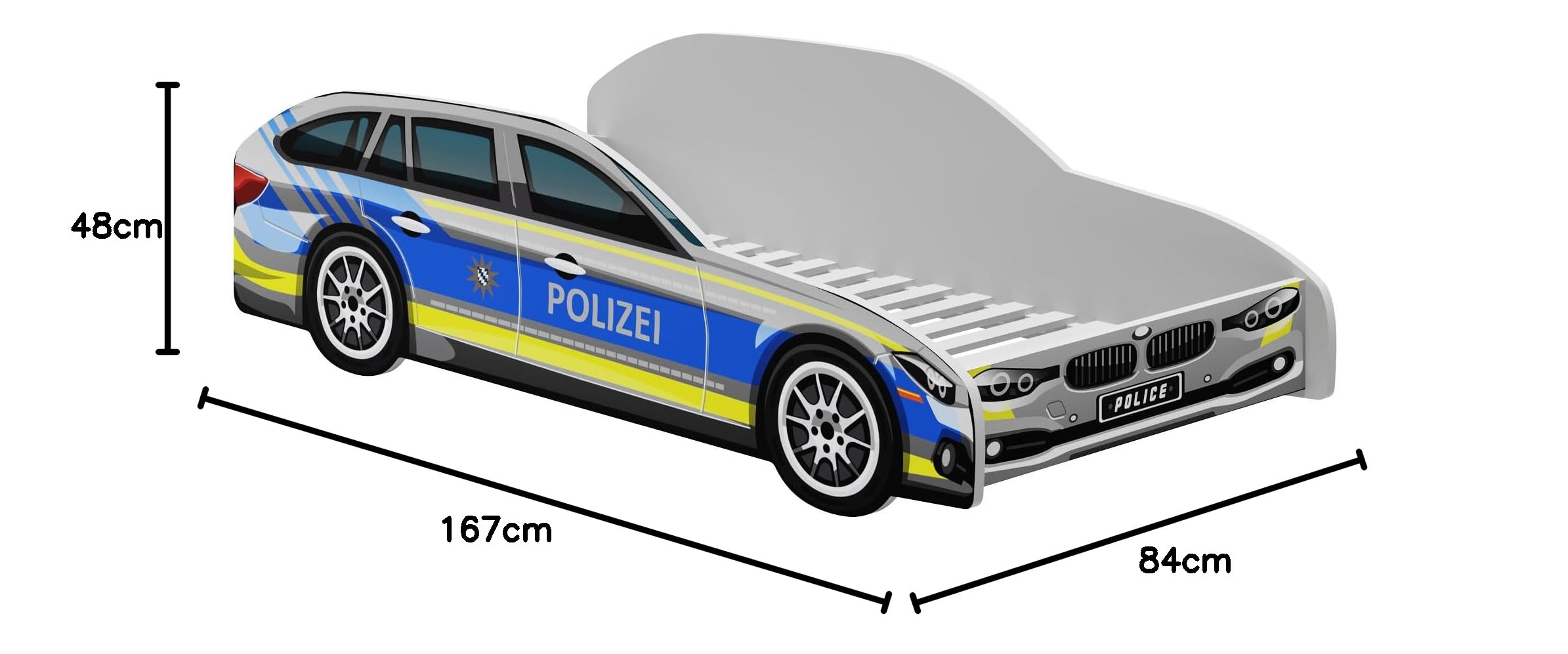 Kids Collective Autobett Kinderbett Jugendbett 70x140 & 80x160 cm mit Rausfallschutz & Matratze | 80x160 cm Polizei Polizeiauto Polizist Kinder Spielbett
