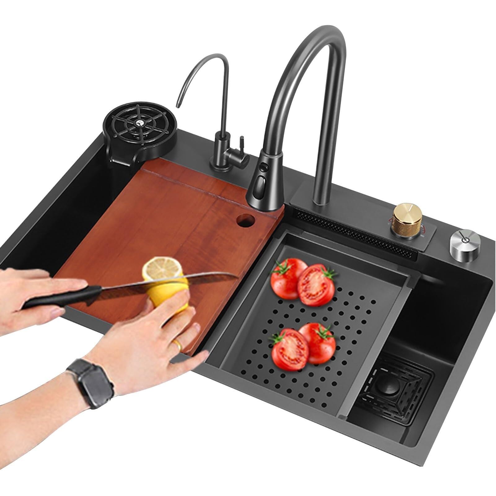 WBJGUOD Single Bowl Kitchen Sink Workstation with Pull-Out Faucet - 304 Stainless Steel, Nanometer Finish, Waterfall Design(68x45CM)