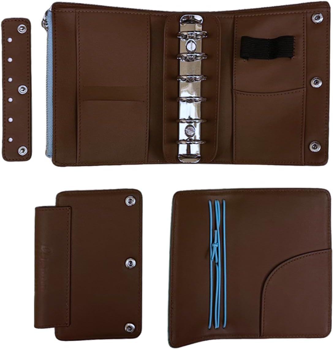 A7 Pocket Size Organizer Genuine Italian Alaska Leather Refillable Journal,Stalogy Rings Planner, 3-Fold Style with 25mm Ring Binder, TN Passport Compatible (Skyblue Wax)