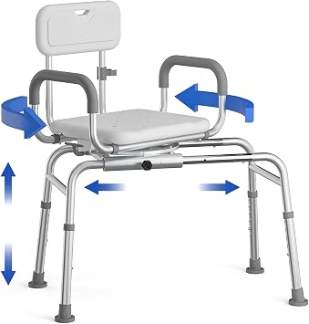 Loyoda Sliding Shower Chair with Swivel Seat, Tub Transfer Bench for Elderly & Disabled, Adjustable Shower Chair with Arms & 350lb Capacity