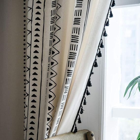 Black and Off White Curtains 96 Inch Length 2 Panels Bohemian Farmhouse Drapes for
