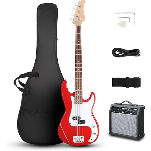Ktaxon Full Size Bass Guitar 4 String Electric Bass Guitar Kit with Solid Wood Body, Dynamic Tone & Fantastic Hand Feeling Includes 20W Amp, Cable, Strap, Pick and Wrench(Red)