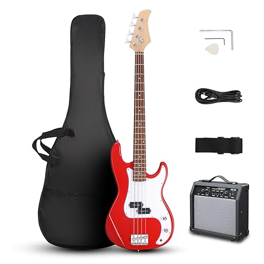 Ktaxon Full Size Bass Guitar 4 String Electric Bass Guitar Kit with Solid Wood Body, Dynamic Tone & Fantastic Hand Feeling Includes 20W Amp, Cable, Strap, Pick and Wrench(Red)