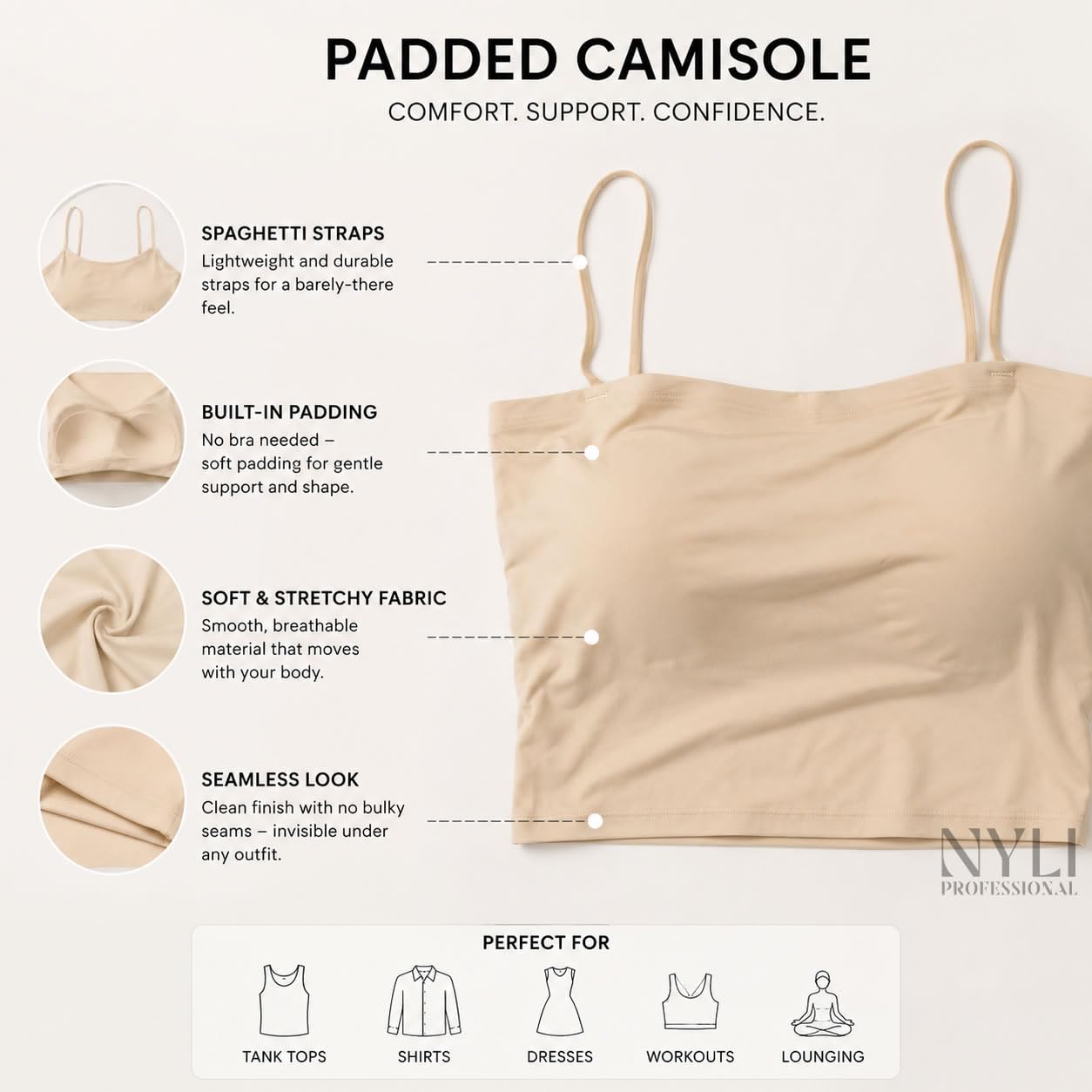 NYLI Professional Women Inbuilt Padded Camisole Top for Women | Stretchable Nylon Spandex Cami Tank Top | Non-Wired Seamless Innerwear Slip 2