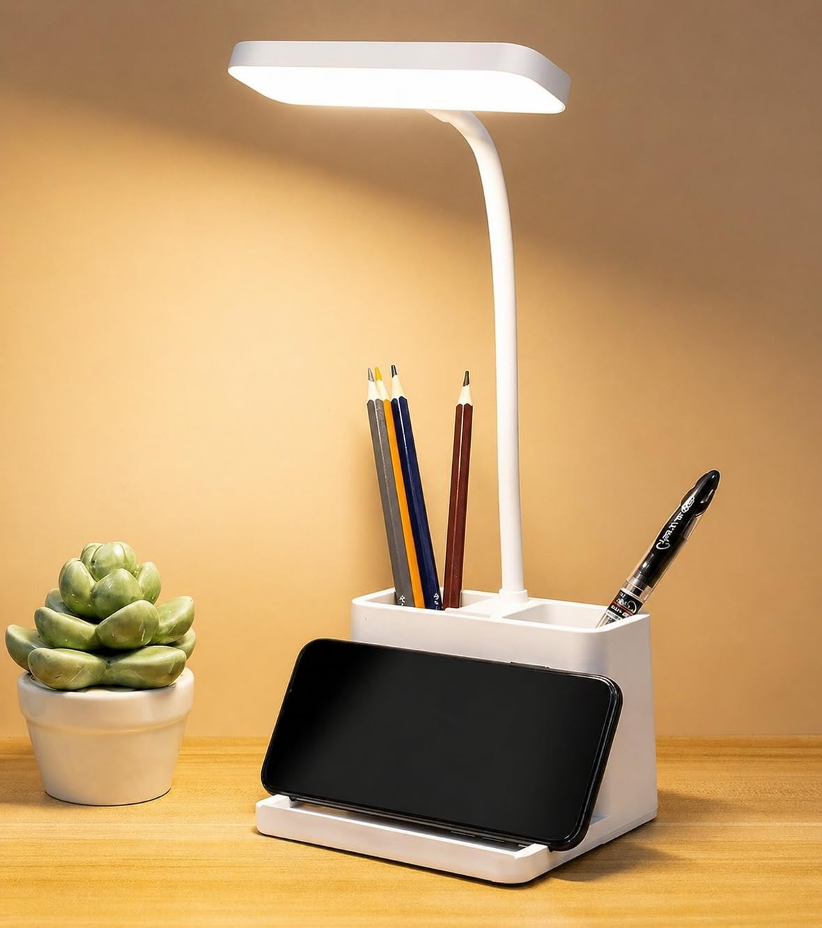 Saleon 3 Color LED Desk Lamp With Eye Care, Rechargeable Night Light, Pen & Phone Holder, Touch Sensor, USB Charging, Flexible Gooseneck, Adjustable Reading - Plastic, White-image-6